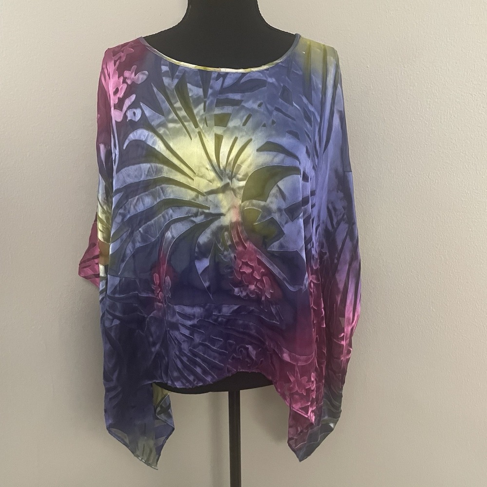 CHICOS Womens M/L Floral Artsy Silk Blend Burnout‎ Poncho Top Blouse Whimsigoth
